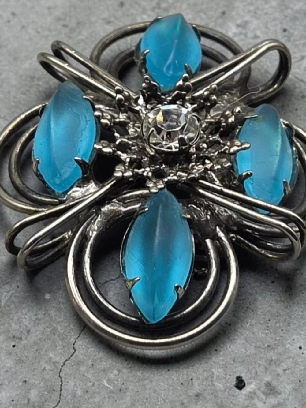Vintage Frosted Blue Marquise Glass Brooch Wire Wrap Central Rhinestone1980s
